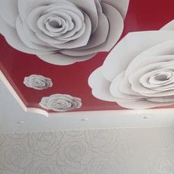 Натяжной потолок с фотопечатью. Белые цветы на красном фоне.