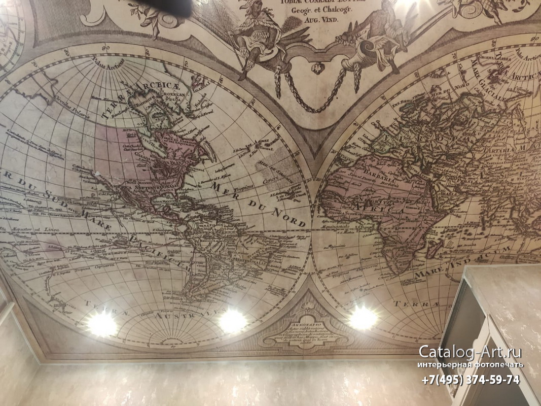 Натяжной потолок с фотопечатью - г. Псков. Фотопечать на потолке. Карта. Древняя карта мира.
