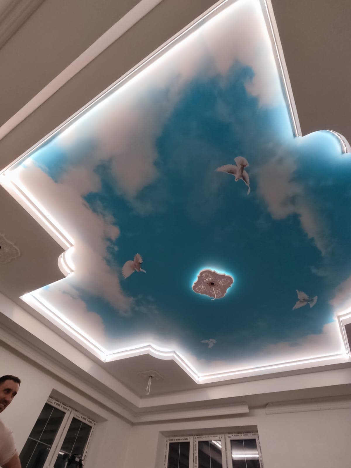 Фотопечать на натяжном потолке - небо, голуби. Потолок с фотопечатью в холле загородного дома, г. Москва